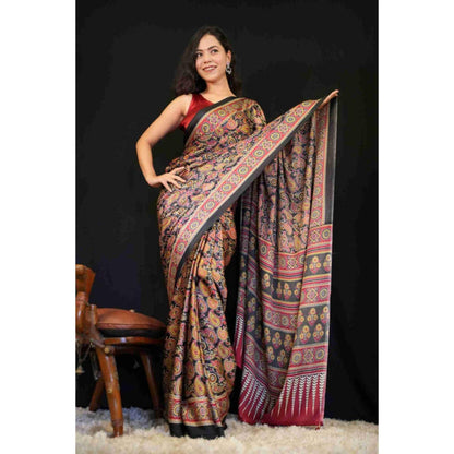Isadora Life Womens Printed Multi-Color Pre-Draped Saree With Unstitched Blouse