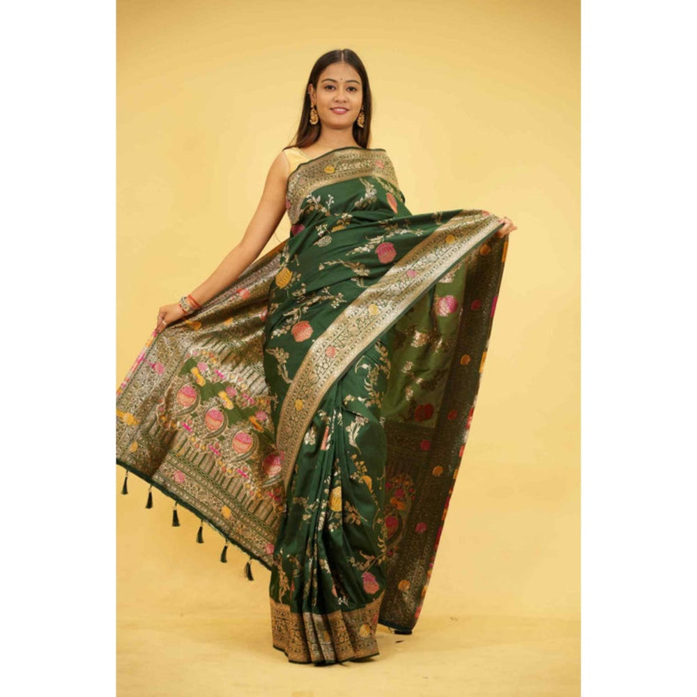 Isadora Life Womens Floral Printed Green Pre-Draped Saree With Unstitched Blouse