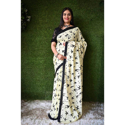 Isadora Life Womens Printed Off White Pre-Draped Saree With Unstitched Blouse