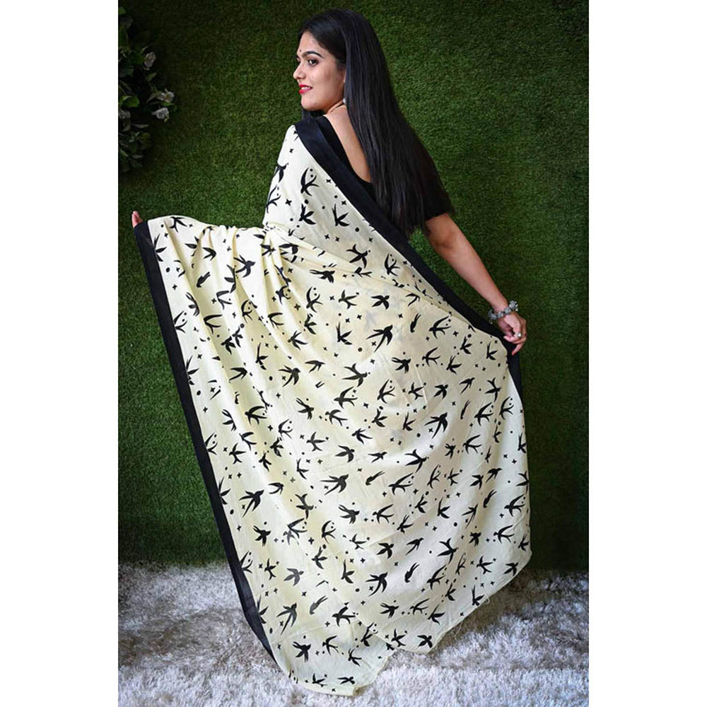 Isadora Life Womens Printed Off White Pre-Draped Saree With Unstitched Blouse