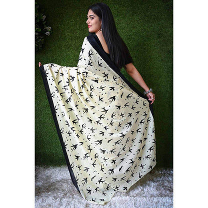 Isadora Life Womens Printed Off White Pre-Draped Saree With Unstitched Blouse