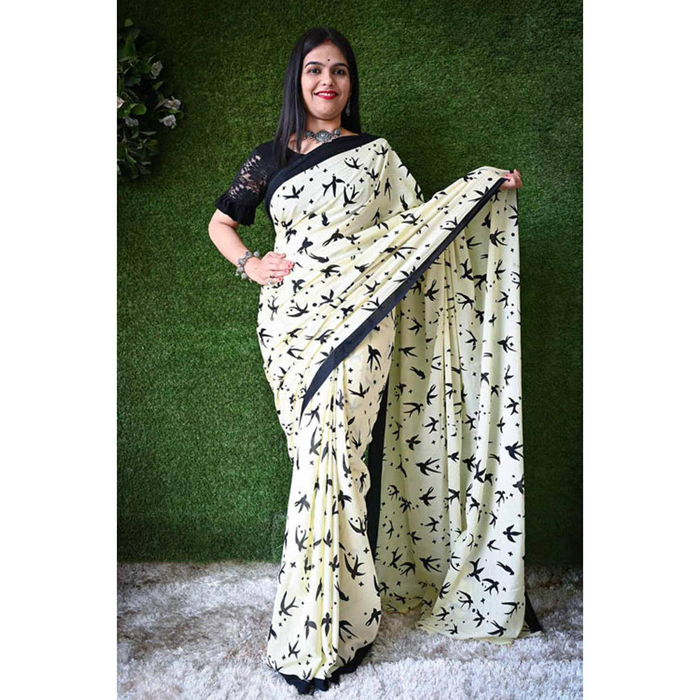 Isadora Life Womens Printed Off White Pre-Draped Saree With Unstitched Blouse