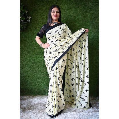 Isadora Life Womens Printed Off White Pre-Draped Saree With Unstitched Blouse