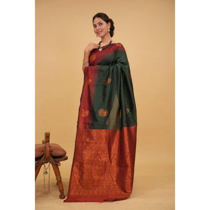 Isadora Life Womens Paisley Zari Green Pre-Draped Saree With Unstitched Blouse