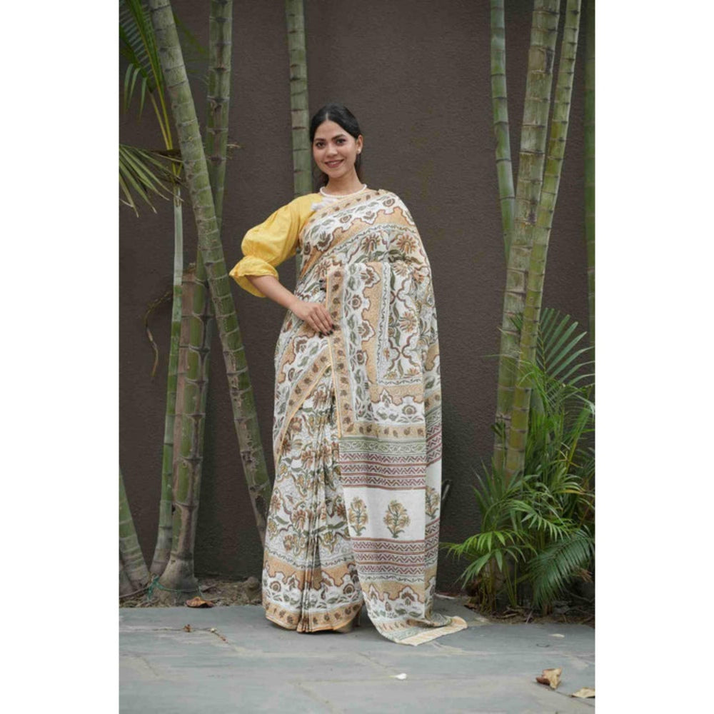 Isadora Life Womens Floral Printed White Pre-Draped Saree With Unstitched Blouse