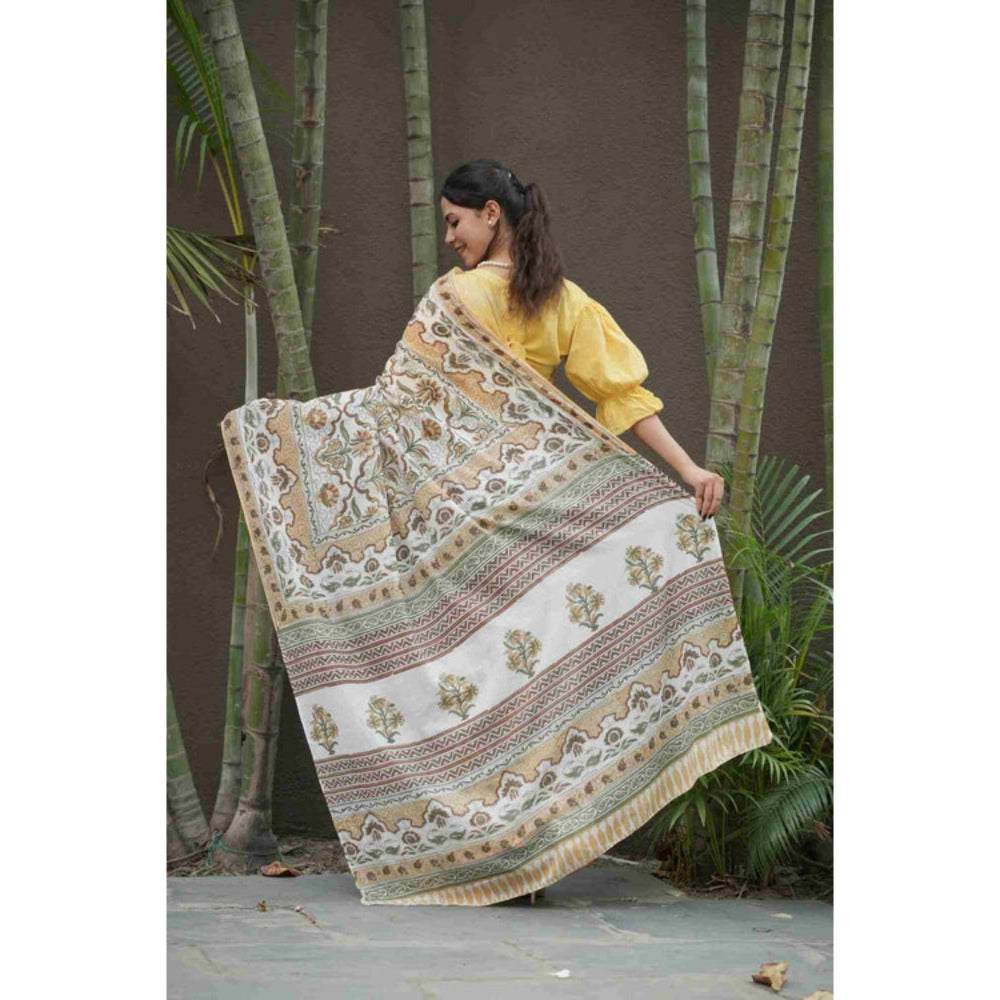 Isadora Life Womens Floral Printed White Pre-Draped Saree With Unstitched Blouse