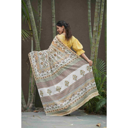 Isadora Life Womens Floral Printed White Pre-Draped Saree With Unstitched Blouse