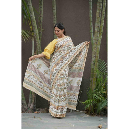 Isadora Life Womens Floral Printed White Pre-Draped Saree With Unstitched Blouse