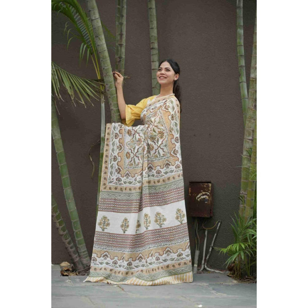 Isadora Life Womens Floral Printed White Pre-Draped Saree With Unstitched Blouse