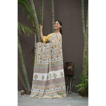Isadora Life Womens Floral Printed White Pre-Draped Saree With Unstitched Blouse