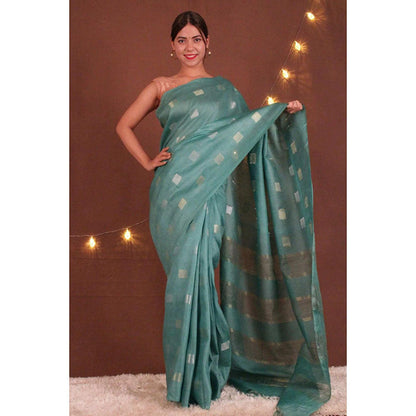 Isadora Life Womens Woven Tassels Blue Pre-Draped Saree With Unstitched Blouse