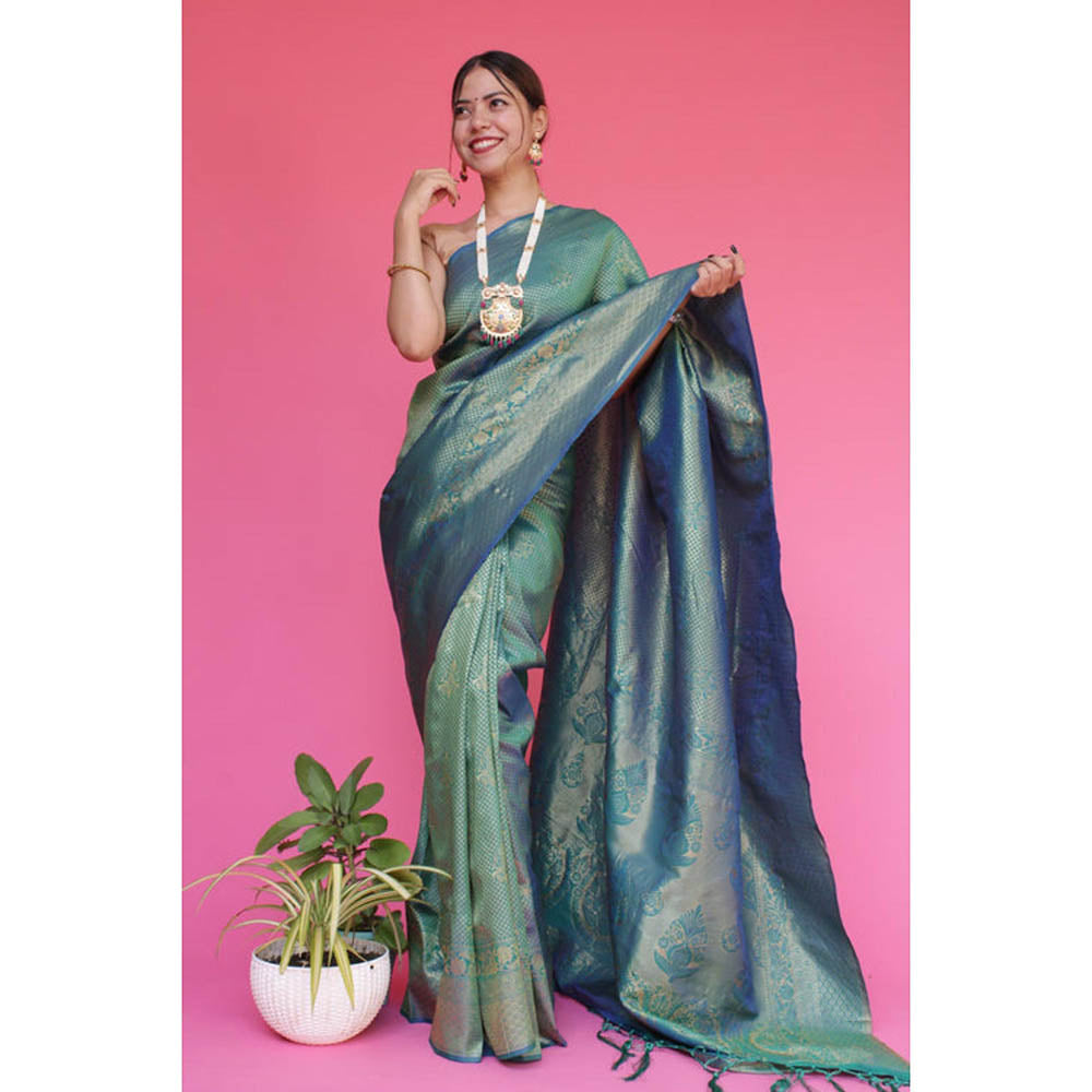 Isadora Life Womens Embroidered Tassels Blue Pre-Draped Saree With Unstitched Blouse