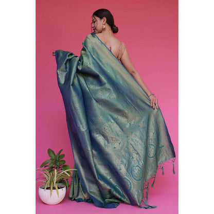 Isadora Life Womens Embroidered Tassels Blue Pre-Draped Saree With Unstitched Blouse