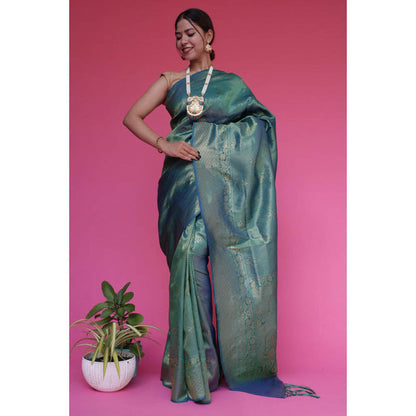 Isadora Life Womens Embroidered Tassels Blue Pre-Draped Saree With Unstitched Blouse