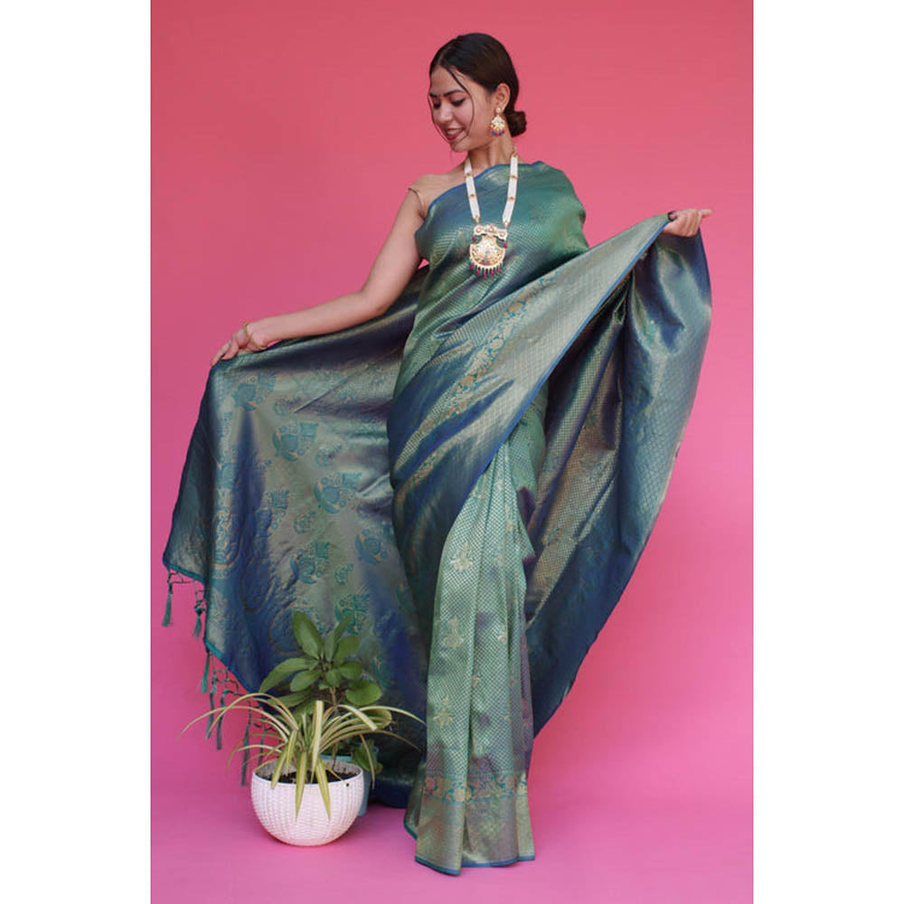 Isadora Life Womens Embroidered Tassels Blue Pre-Draped Saree With Unstitched Blouse