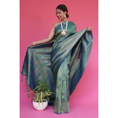 Isadora Life Womens Embroidered Tassels Blue Pre-Draped Saree With Unstitched Blouse