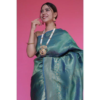 Isadora Life Womens Embroidered Tassels Blue Pre-Draped Saree With Unstitched Blouse