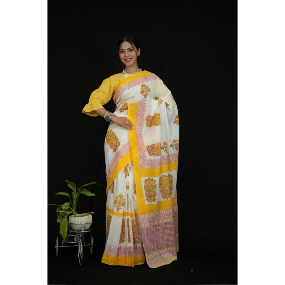 Isadora Life Womens Floral Printed White Pre-Draped Saree With Unstitched Blouse