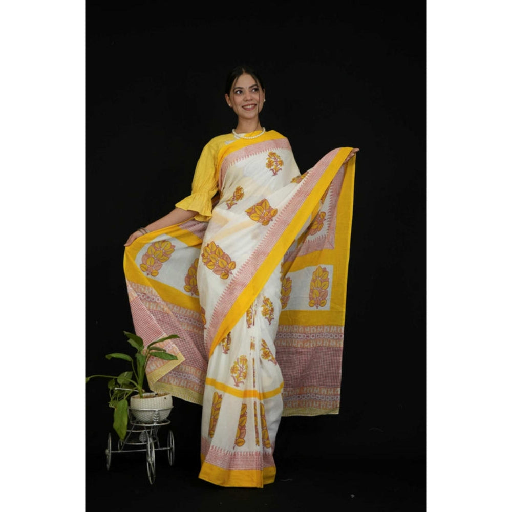 Isadora Life Womens Floral Printed White Pre-Draped Saree With Unstitched Blouse
