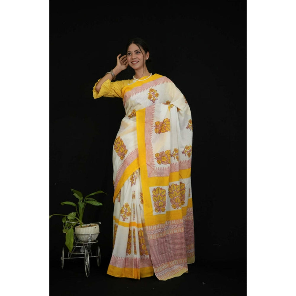 Isadora Life Womens Floral Printed White Pre-Draped Saree With Unstitched Blouse