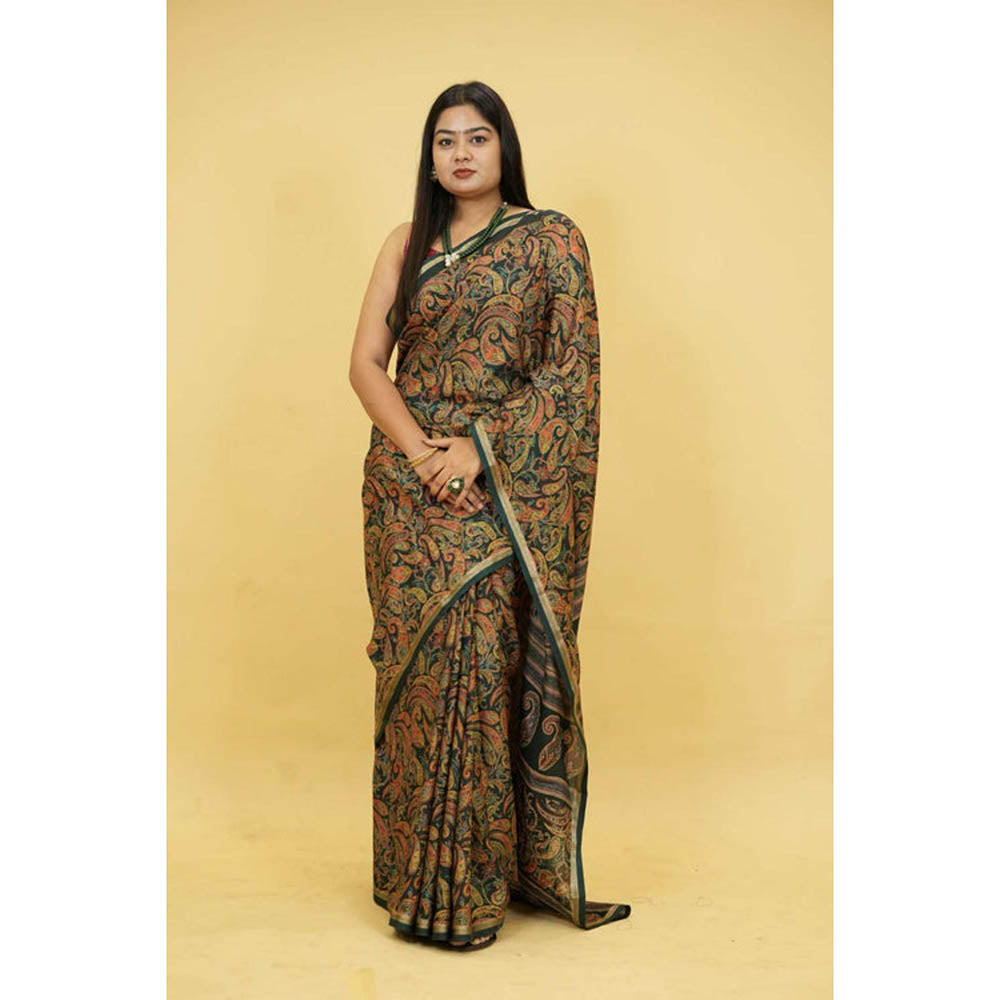 Isadora Life Womens Paisley Printed Multi-Color Pre-Draped Saree With Unstitched Blouse