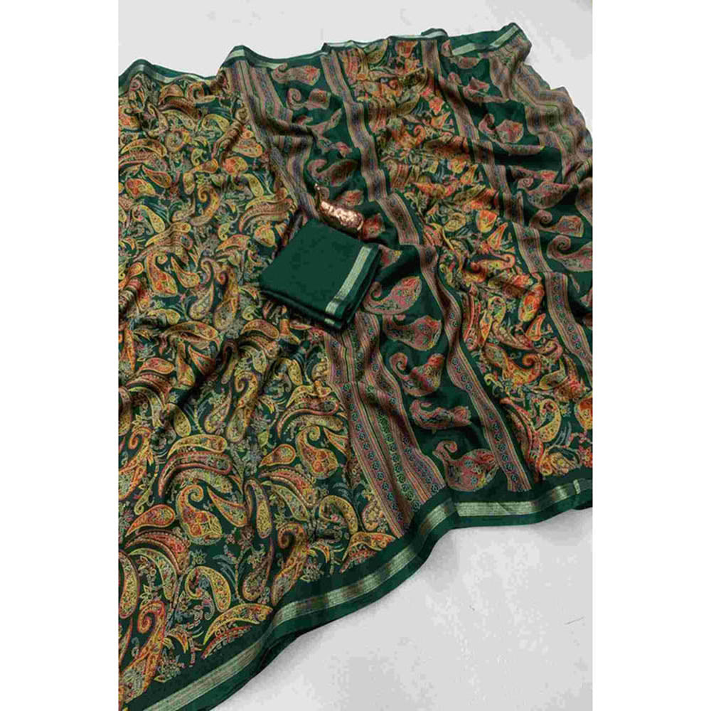 Isadora Life Womens Paisley Printed Multi-Color Pre-Draped Saree With Unstitched Blouse