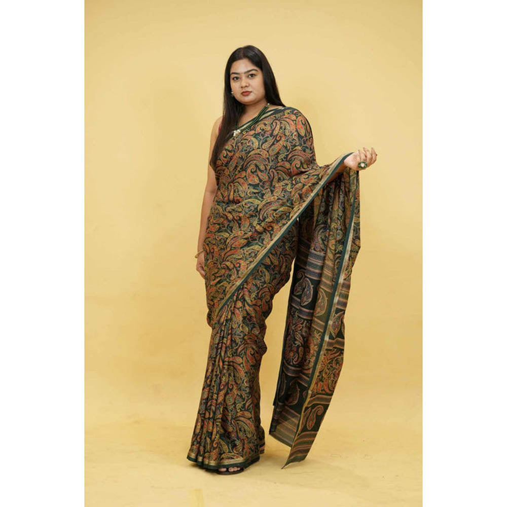 Isadora Life Womens Paisley Printed Multi-Color Pre-Draped Saree With Unstitched Blouse