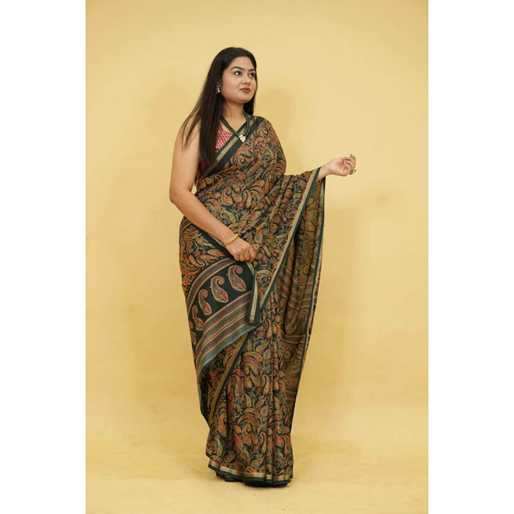 Isadora Life Womens Paisley Printed Multi-Color Pre-Draped Saree With Unstitched Blouse