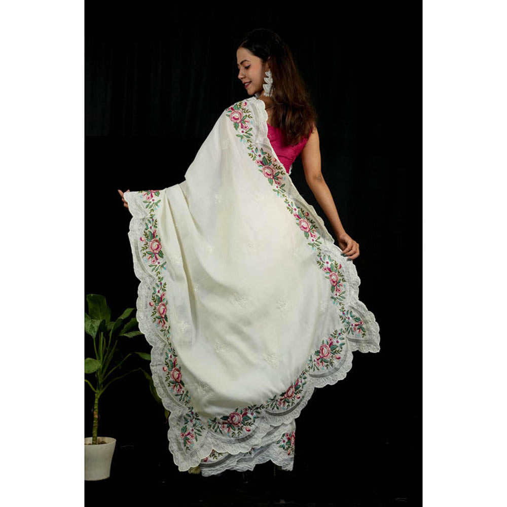 Isadora Life Womens Floral Embroidered White Pre-Draped Saree With Unstitched Blouse
