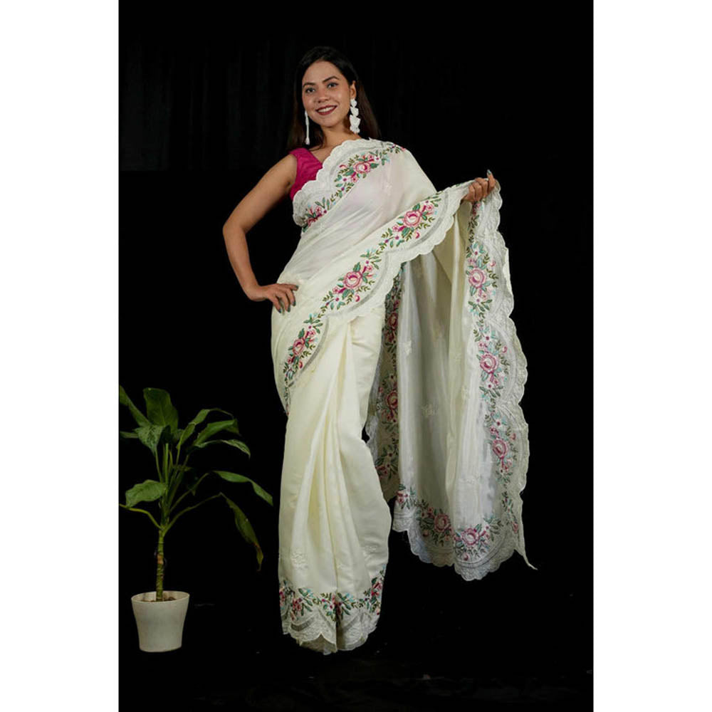 Isadora Life Womens Floral Embroidered White Pre-Draped Saree With Unstitched Blouse