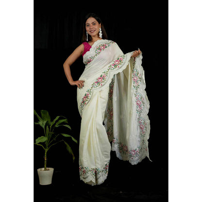 Isadora Life Womens Floral Embroidered White Pre-Draped Saree With Unstitched Blouse