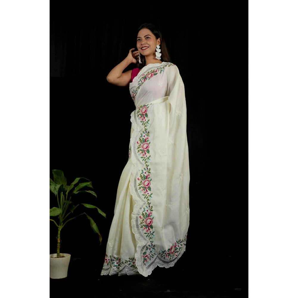 Isadora Life Womens Floral Embroidered White Pre-Draped Saree With Unstitched Blouse