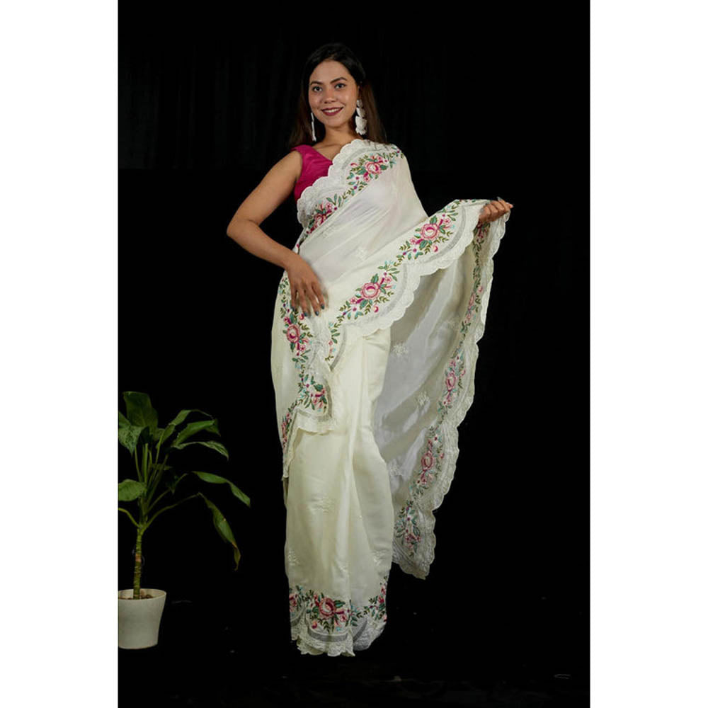 Isadora Life Womens Floral Embroidered White Pre-Draped Saree With Unstitched Blouse