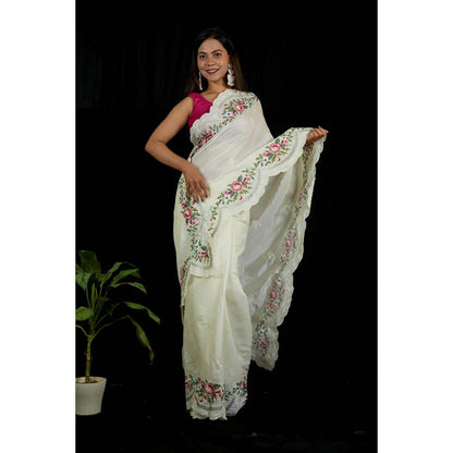 Isadora Life Womens Floral Embroidered White Pre-Draped Saree With Unstitched Blouse