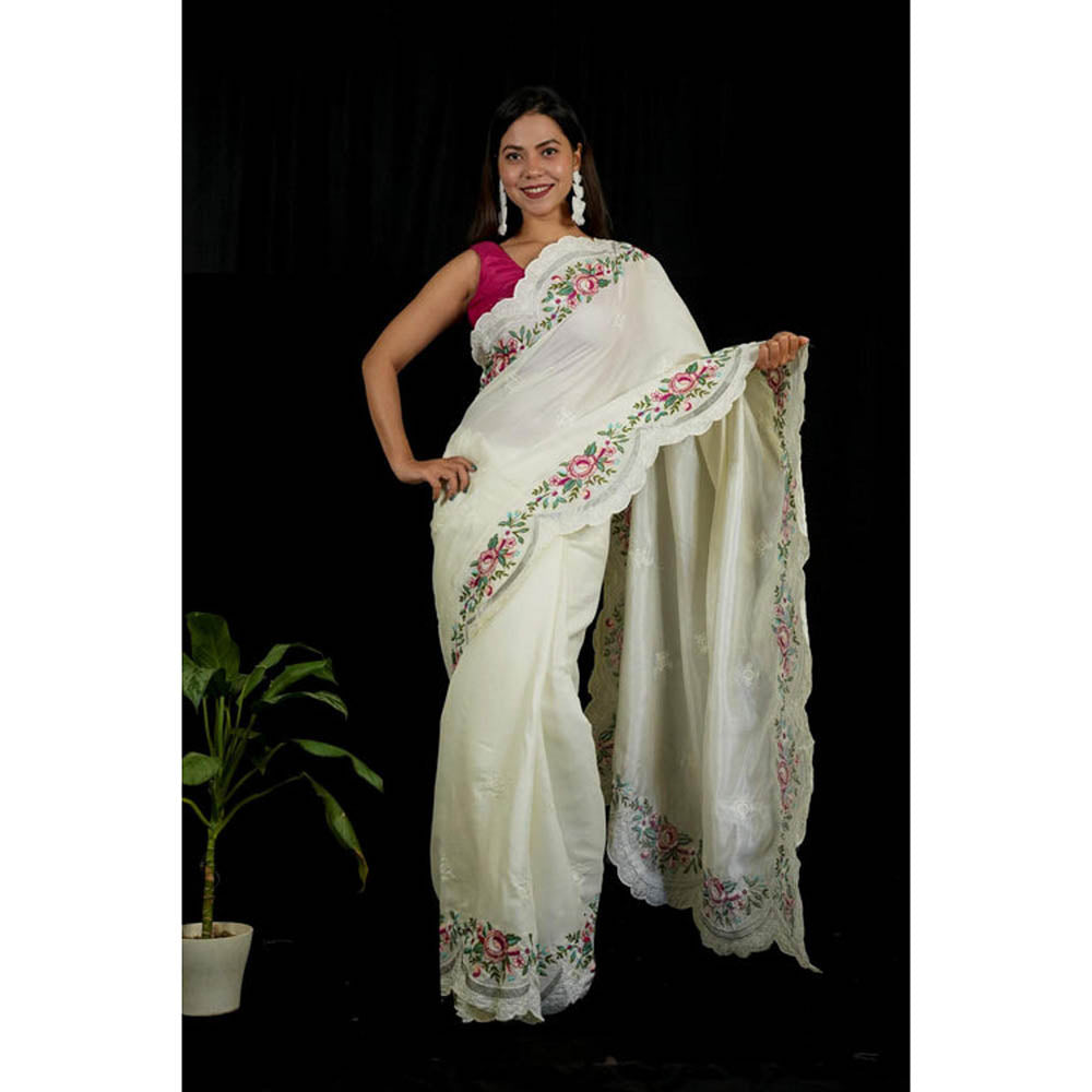 Isadora Life Womens Floral Embroidered White Pre-Draped Saree With Unstitched Blouse