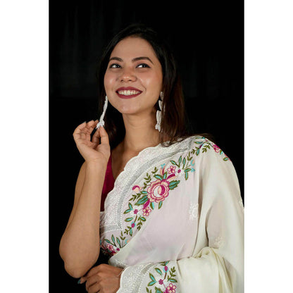 Isadora Life Womens Floral Embroidered White Pre-Draped Saree With Unstitched Blouse