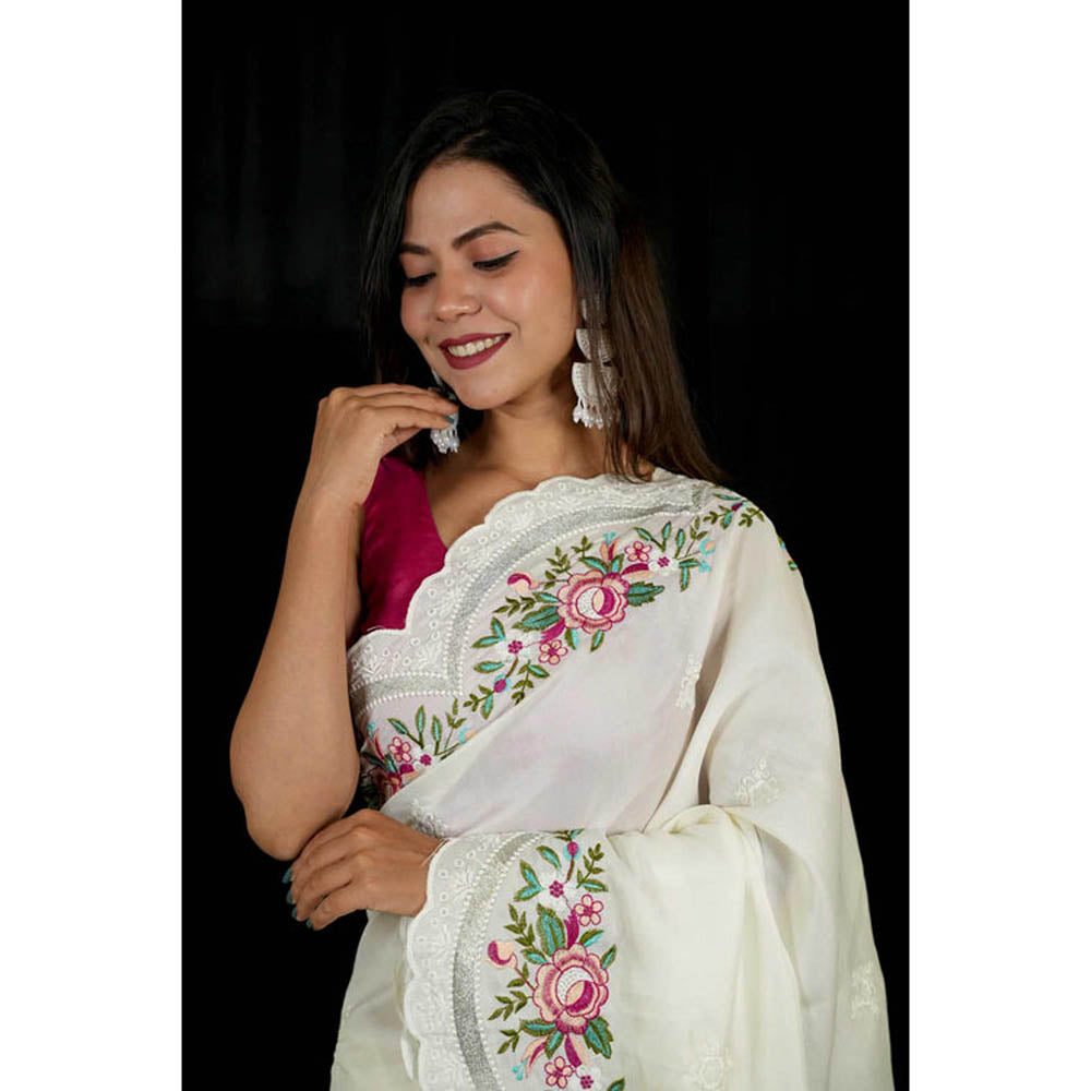 Isadora Life Womens Floral Embroidered White Pre-Draped Saree With Unstitched Blouse