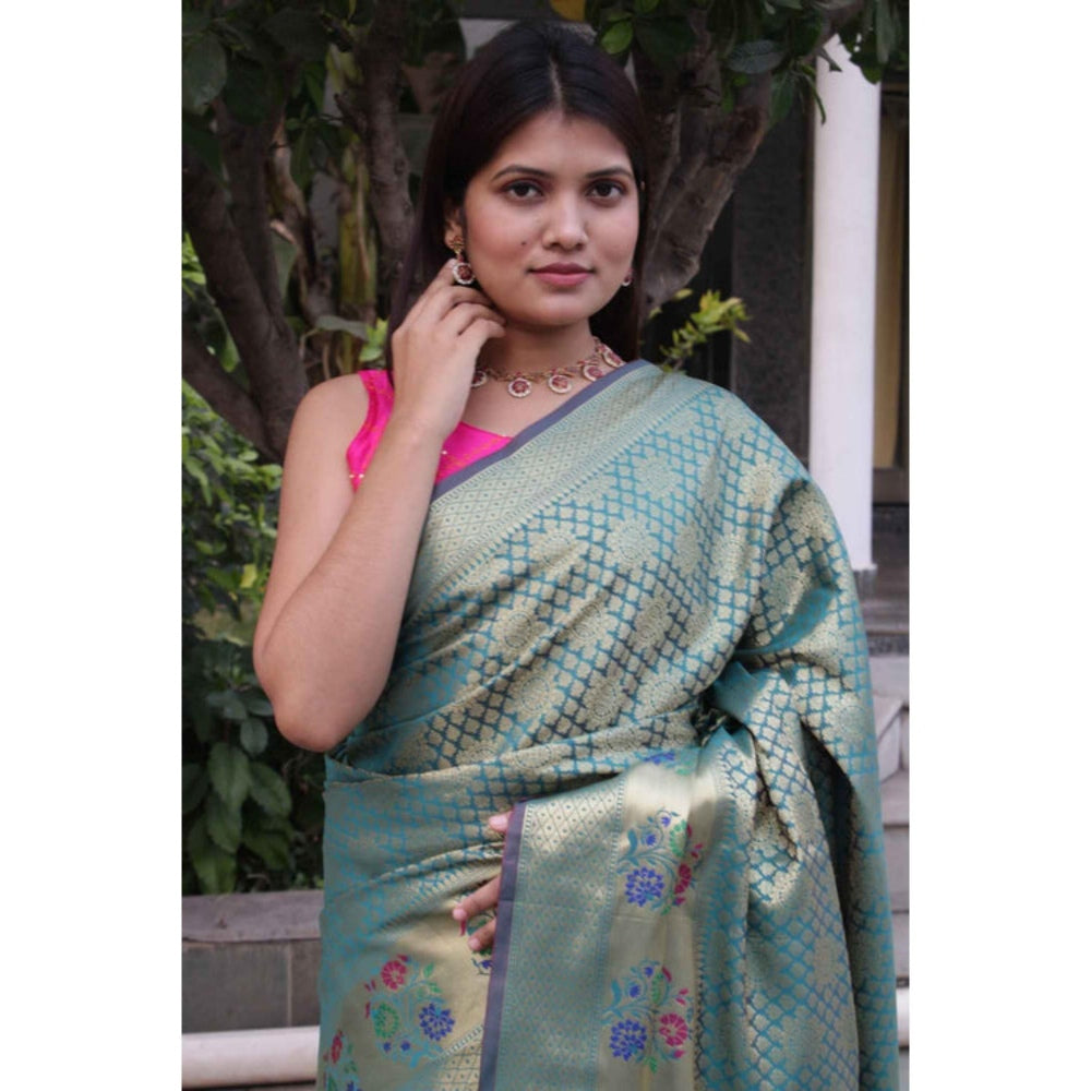 Isadora Life Womens Woven Tassels Blue Pre-Draped Saree With Unstitched Blouse