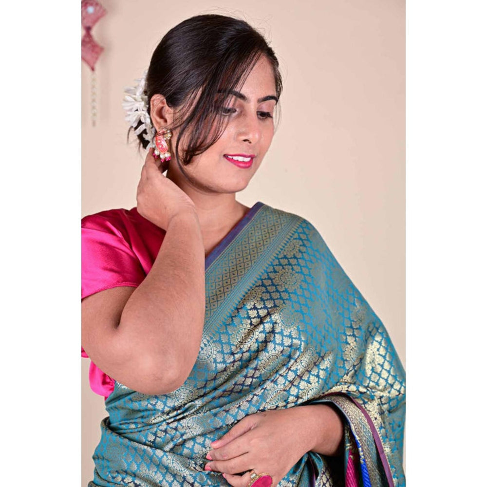 Isadora Life Womens Woven Tassels Blue Pre-Draped Saree With Unstitched Blouse