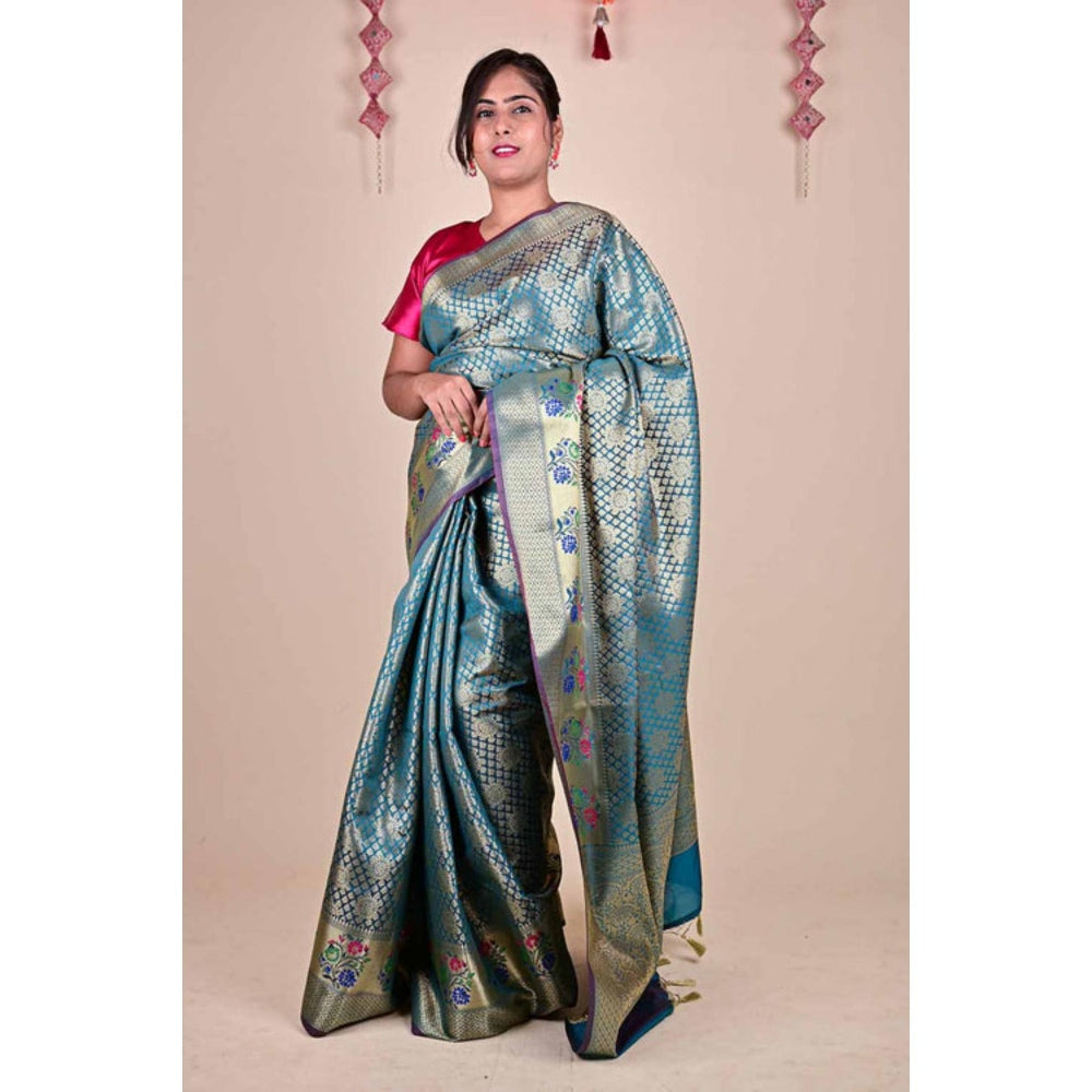 Isadora Life Womens Woven Tassels Blue Pre-Draped Saree With Unstitched Blouse