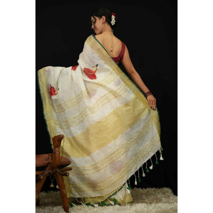 Isadora Life Womens Woven Tassels White Pre-Draped Saree With Unstitched Blouse