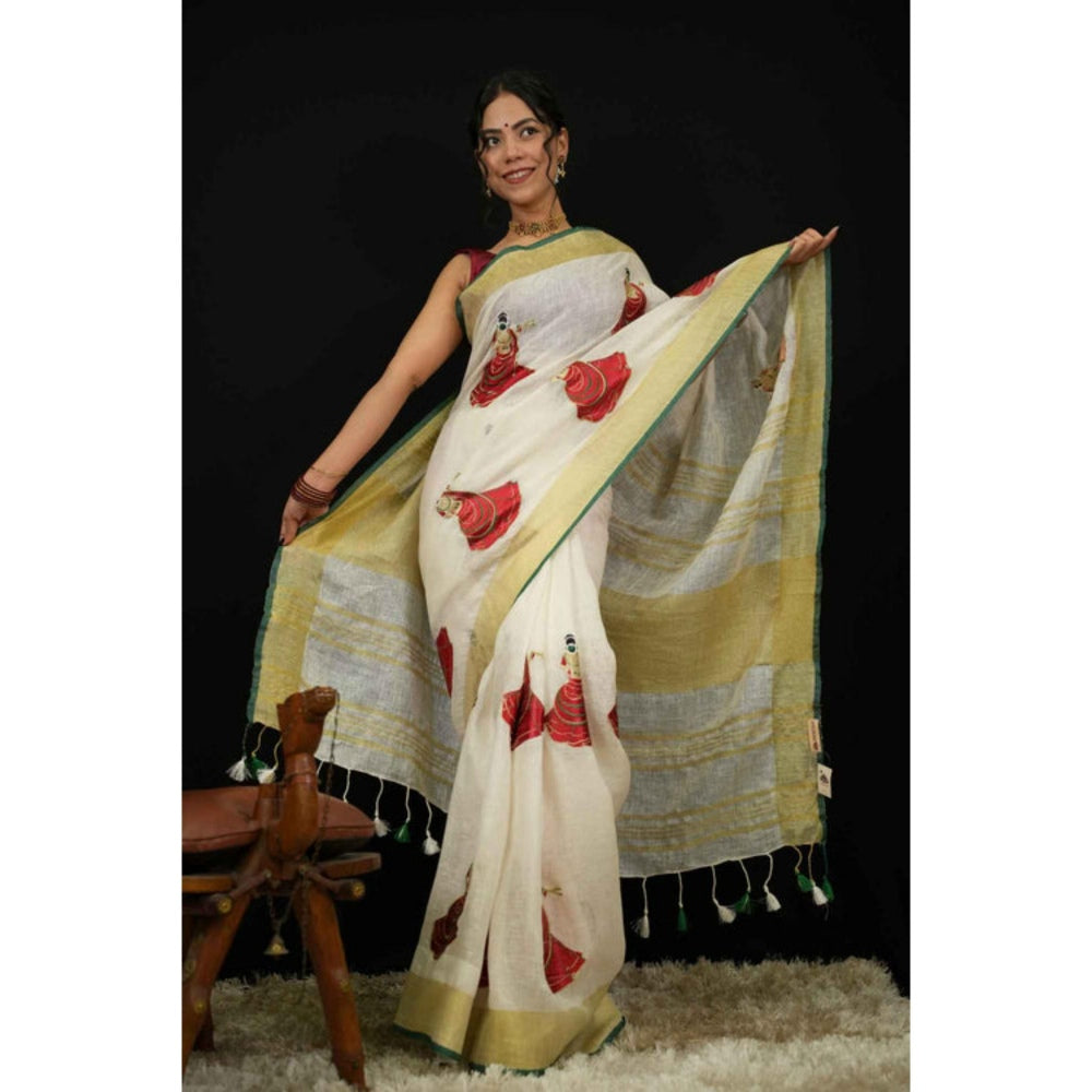 Isadora Life Womens Woven Tassels White Pre-Draped Saree With Unstitched Blouse