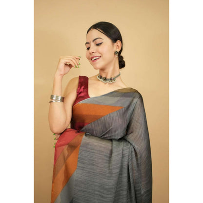 Isadora Life Womens Printed Grey Pre-Draped Saree With Unstitched Blouse