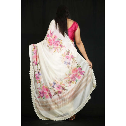 Isadora Life Womens Embroidered Lace Work White Pre-Draped Saree With Unstitched Blouse