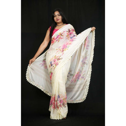 Isadora Life Womens Embroidered Lace Work White Pre-Draped Saree With Unstitched Blouse
