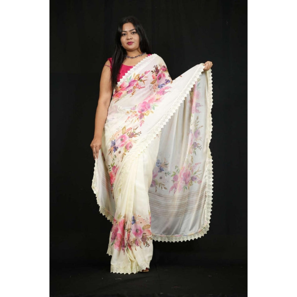 Isadora Life Womens Embroidered Lace Work White Pre-Draped Saree With Unstitched Blouse