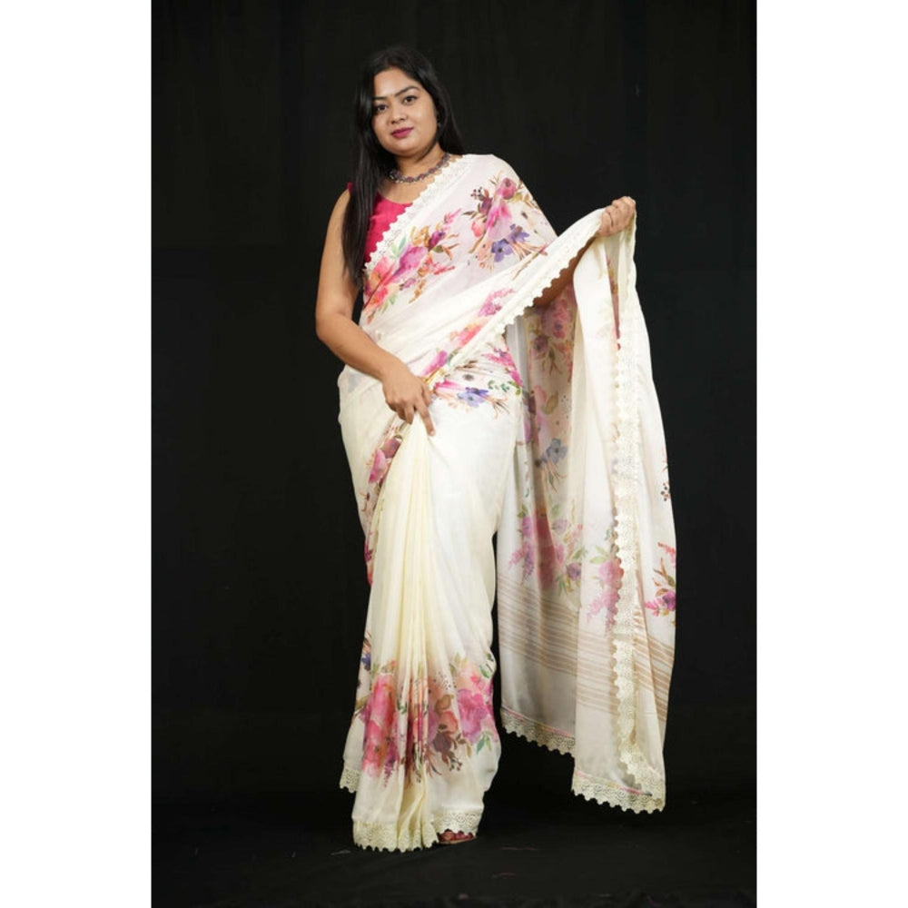 Isadora Life Womens Embroidered Lace Work White Pre-Draped Saree With Unstitched Blouse