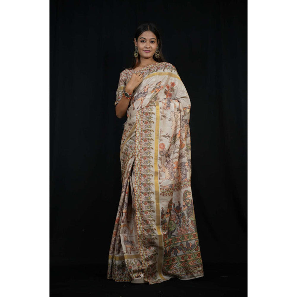 Isadora Life Womens Printed Off White Pre-Draped Saree With Unstitched Blouse