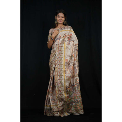 Isadora Life Womens Printed Off White Pre-Draped Saree With Unstitched Blouse