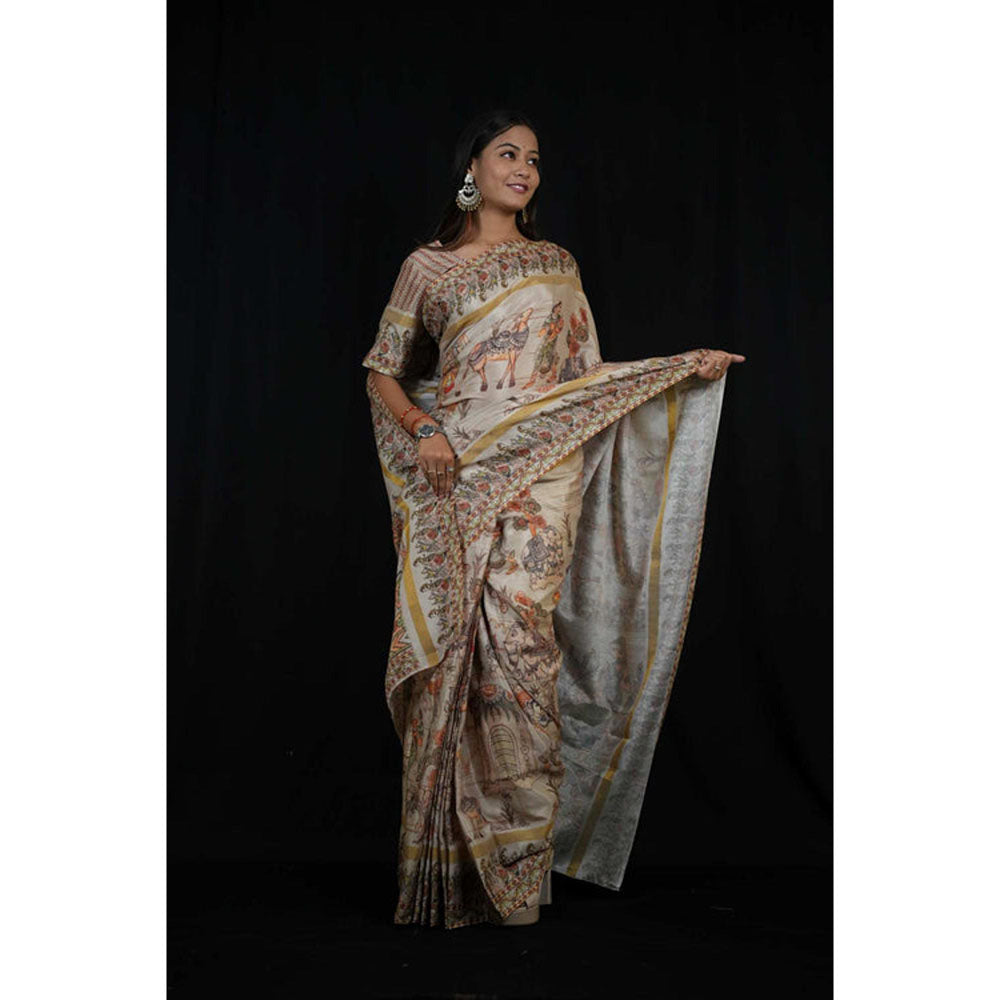 Isadora Life Womens Printed Off White Pre-Draped Saree With Unstitched Blouse